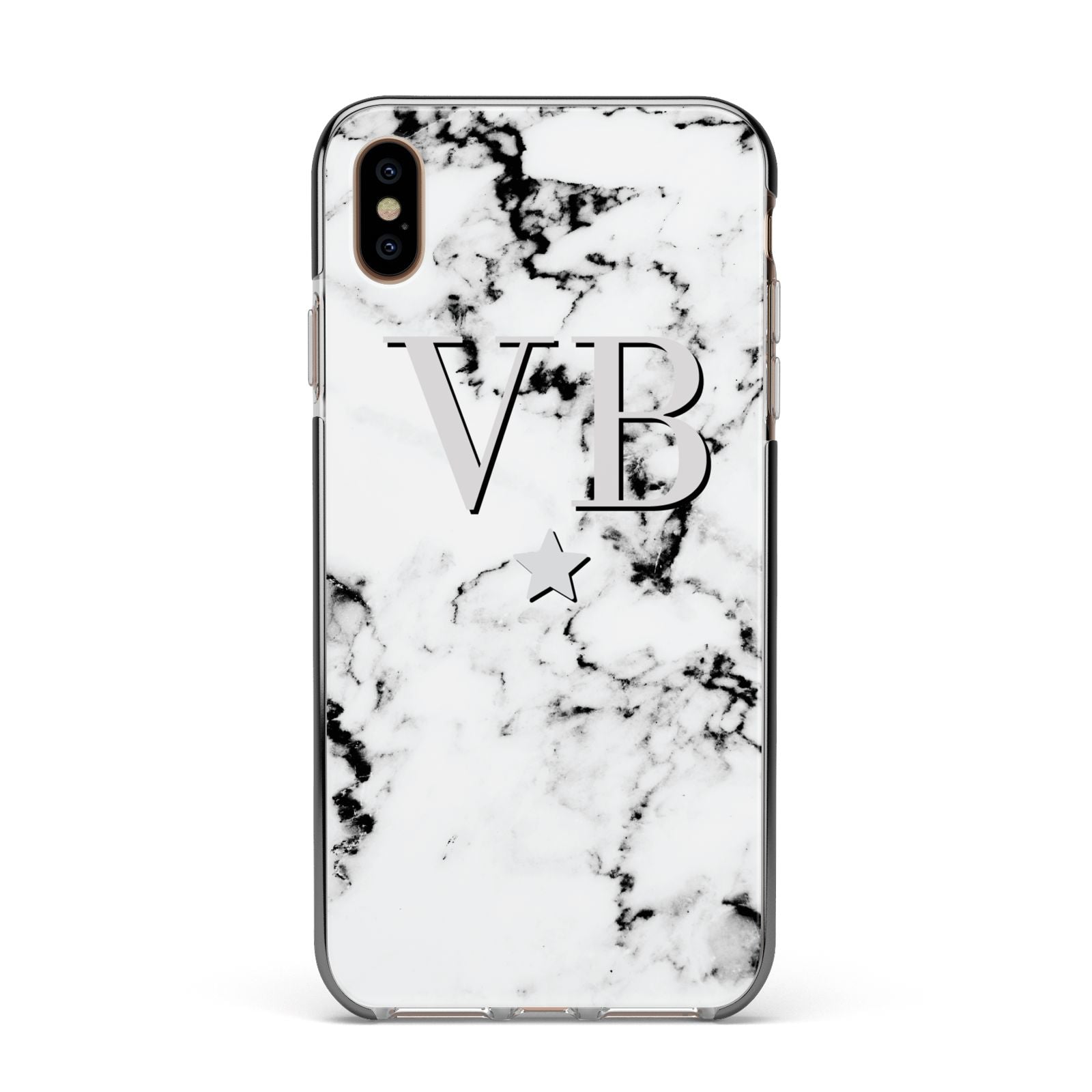 Personalised Star Marble Initialed Grey Apple iPhone Xs Max Impact Case Black Edge on Gold Phone