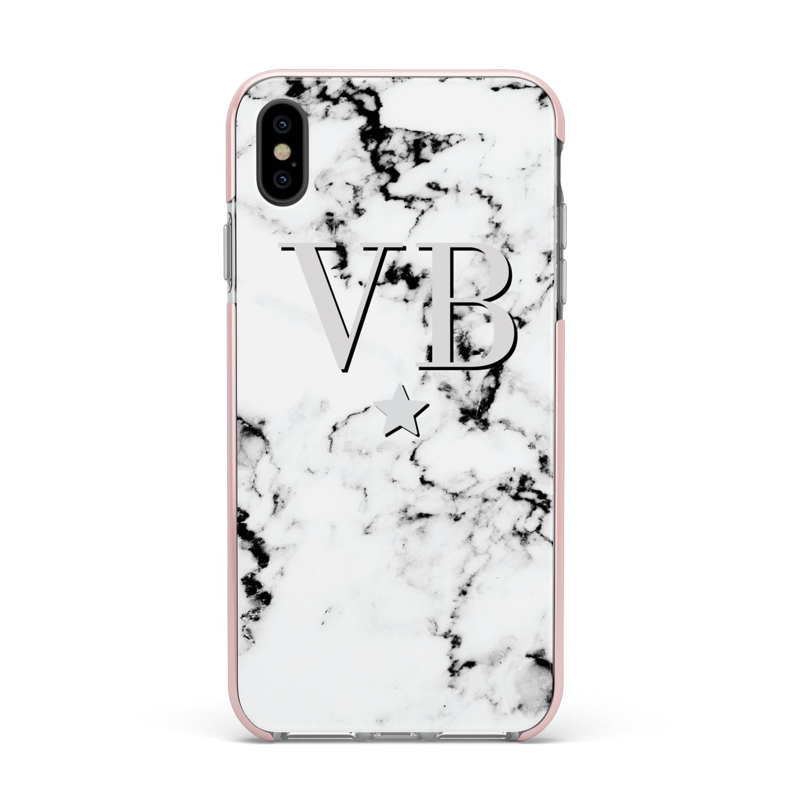 Personalised Star Marble Initialed Grey Apple iPhone Xs Max Impact Case Pink Edge on Black Phone