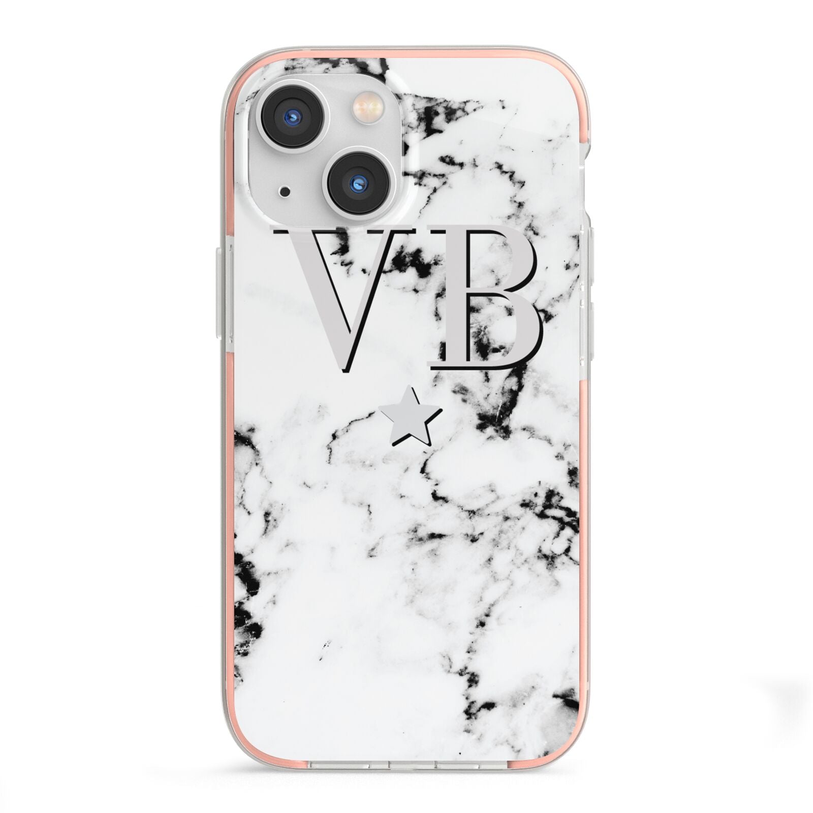 Personalised Star Marble Initialed Grey iPhone 13 Mini TPU Impact Case with Pink Edges