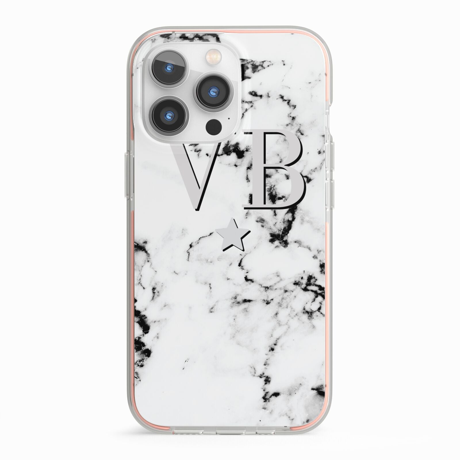 Personalised Star Marble Initialed Grey iPhone 13 Pro TPU Impact Case with Pink Edges