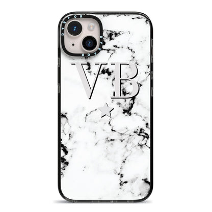 Personalised Star Marble Initialed Grey iPhone 14 Plus Black Impact Case on Silver phone