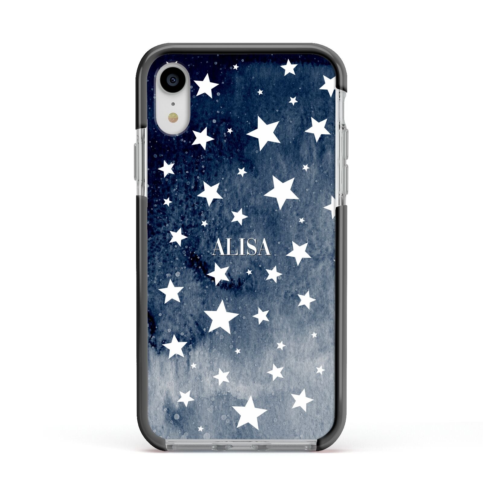 Personalised Star Print Apple iPhone XR Impact Case Black Edge on Silver Phone
