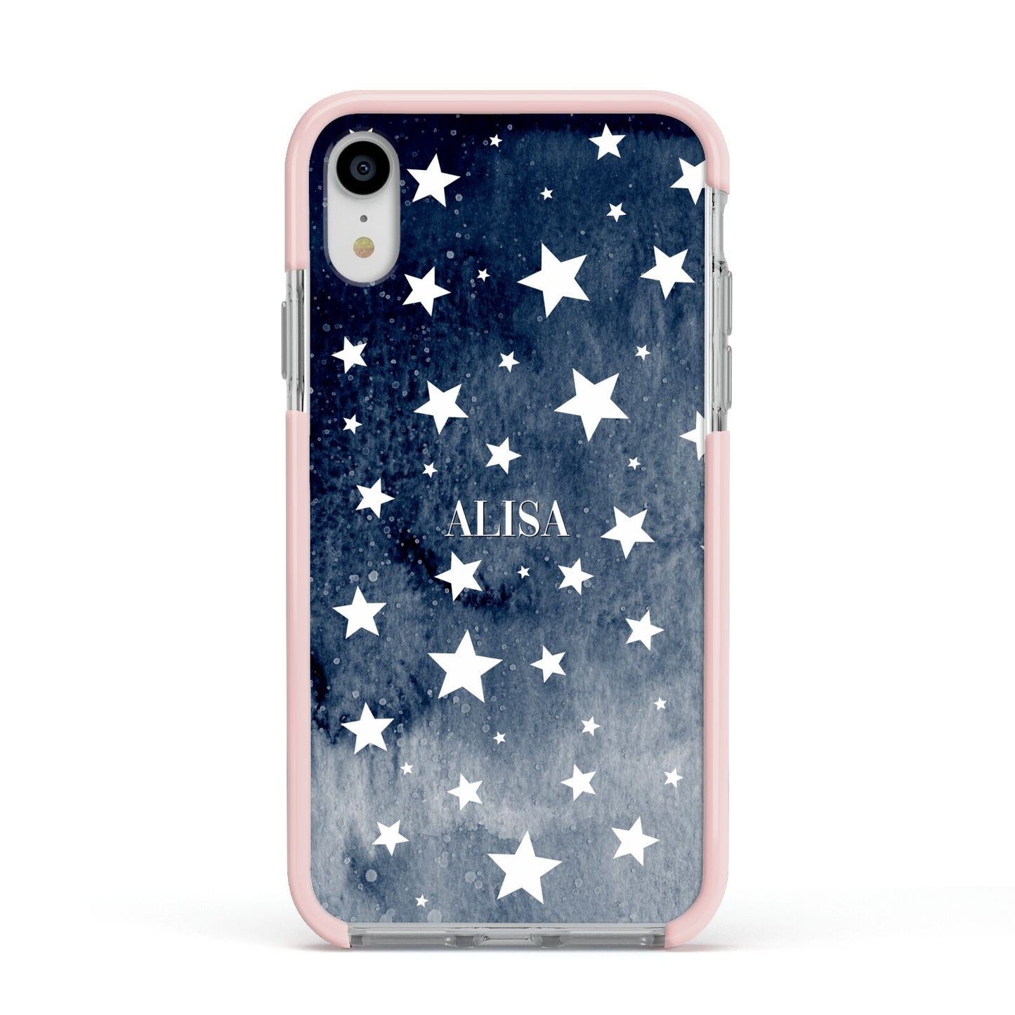 Personalised Star Print Apple iPhone XR Impact Case Pink Edge on Silver Phone
