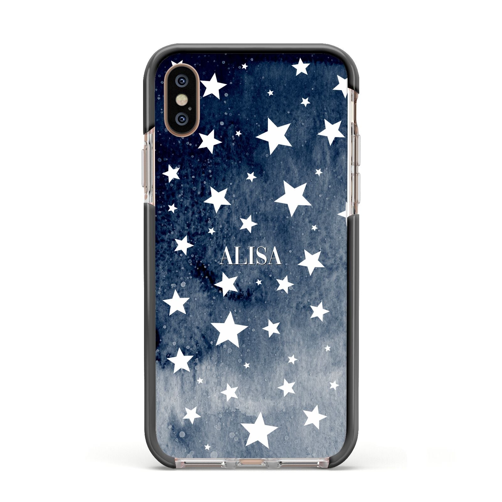 Personalised Star Print Apple iPhone Xs Impact Case Black Edge on Gold Phone