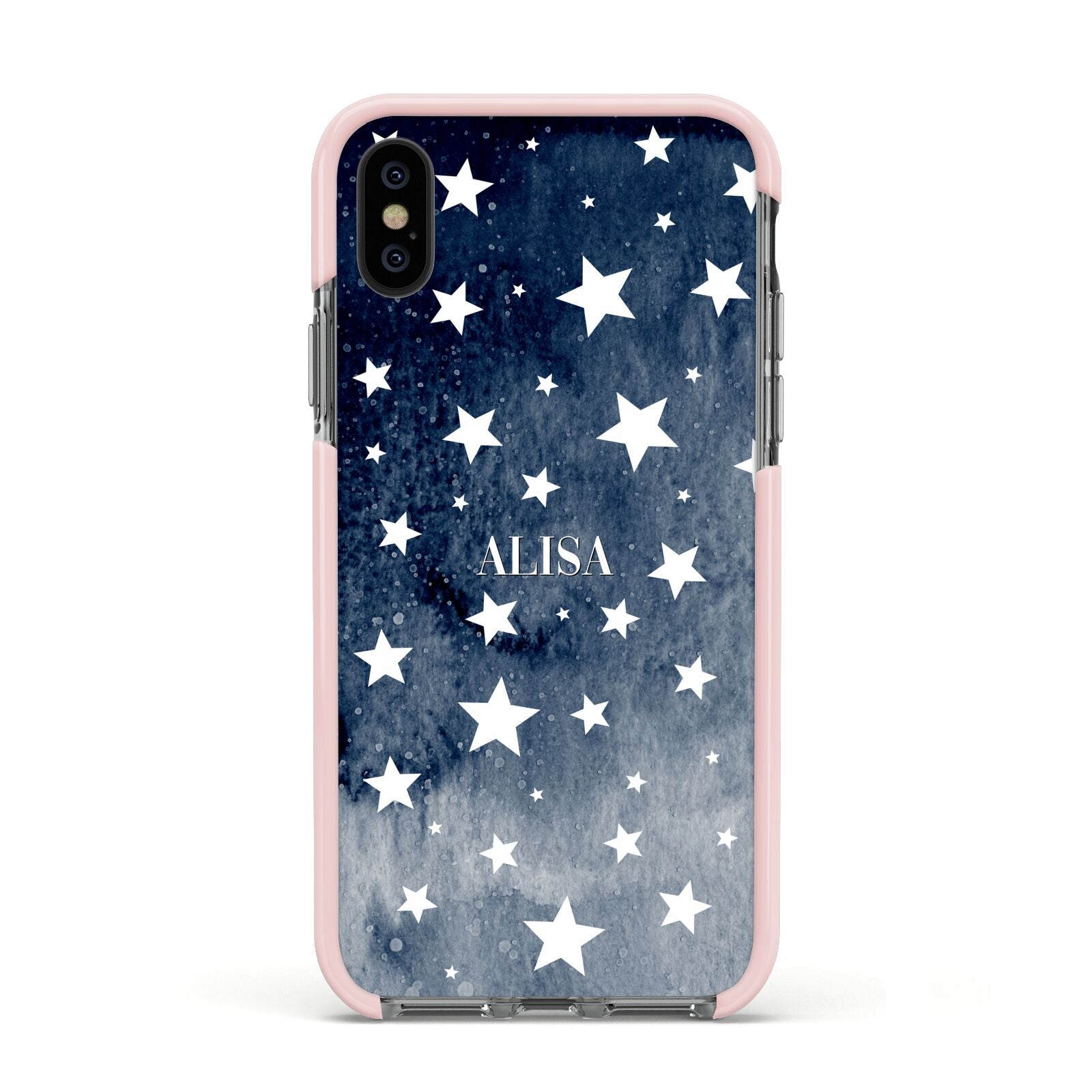 Personalised Star Print Apple iPhone Xs Impact Case Pink Edge on Black Phone
