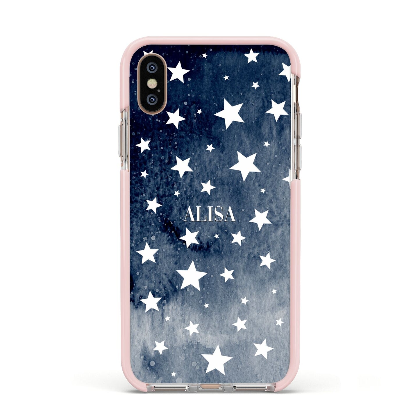 Personalised Star Print Apple iPhone Xs Impact Case Pink Edge on Gold Phone