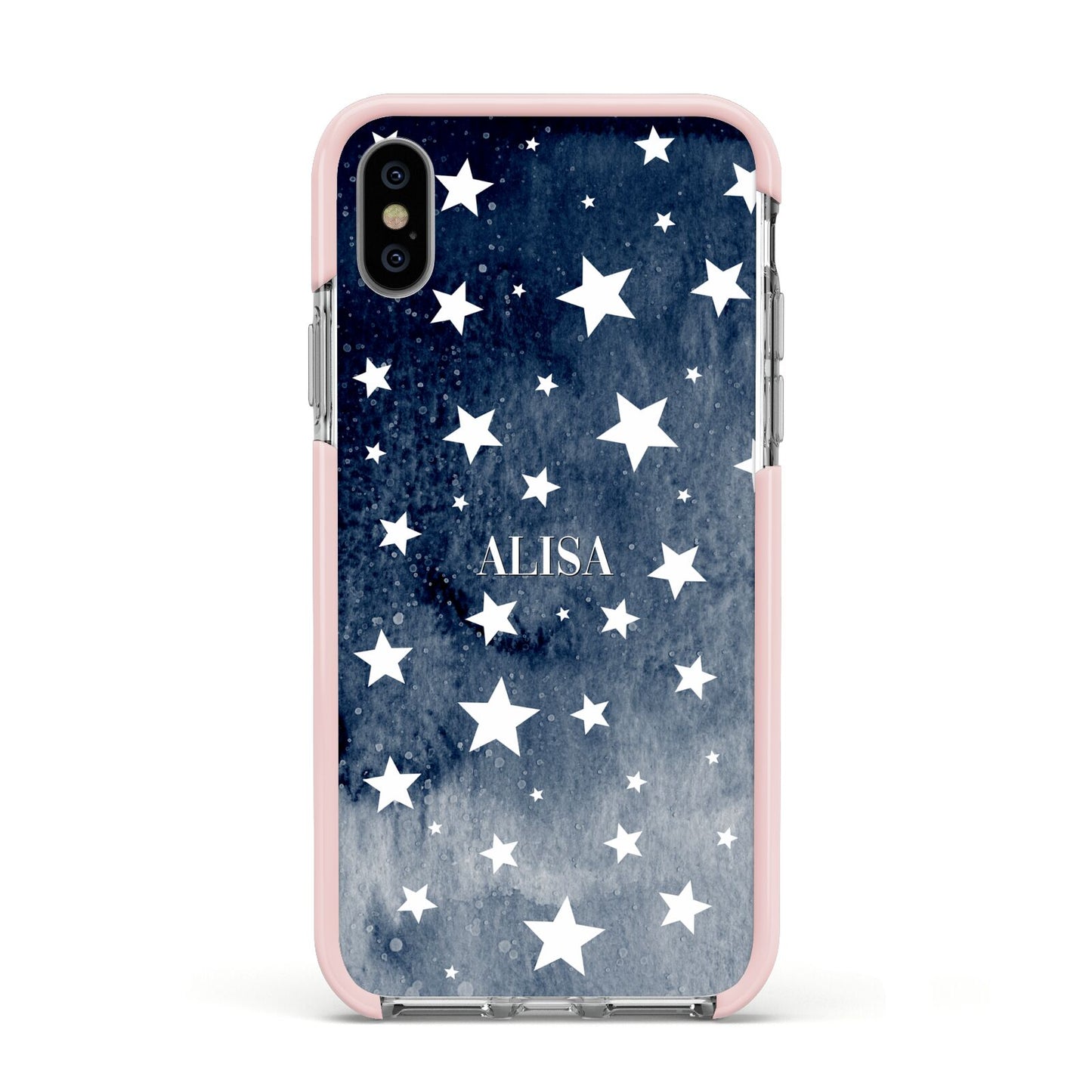 Personalised Star Print Apple iPhone Xs Impact Case Pink Edge on Silver Phone
