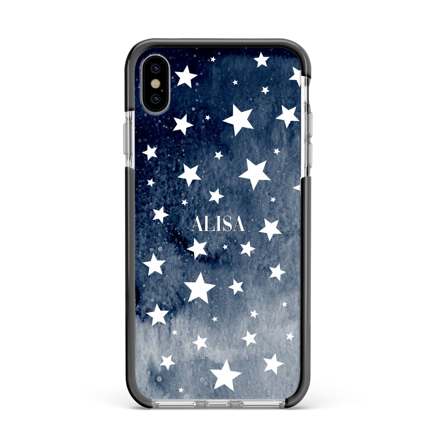 Personalised Star Print Apple iPhone Xs Max Impact Case Black Edge on Silver Phone
