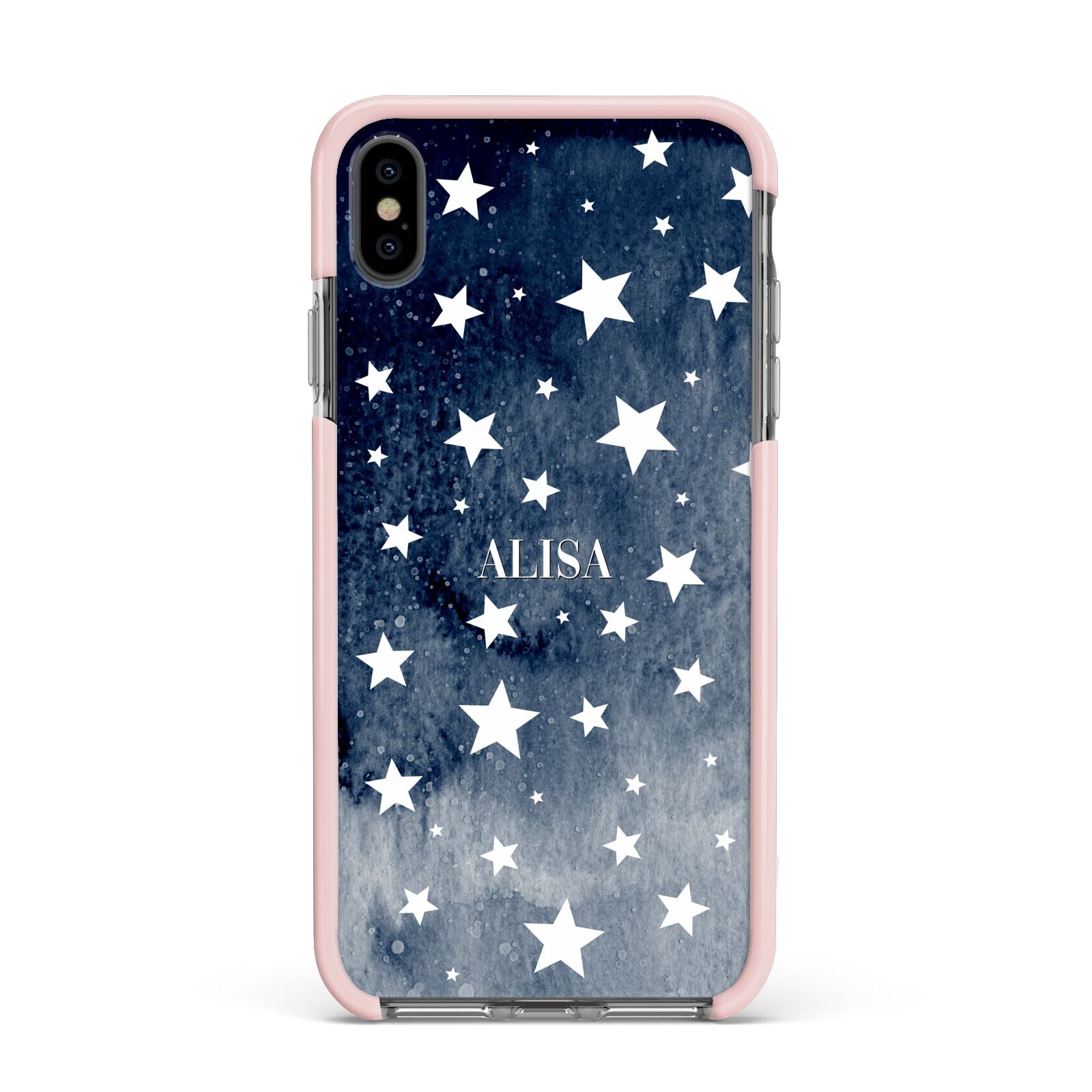 Personalised Star Print Apple iPhone Xs Max Impact Case Pink Edge on Black Phone