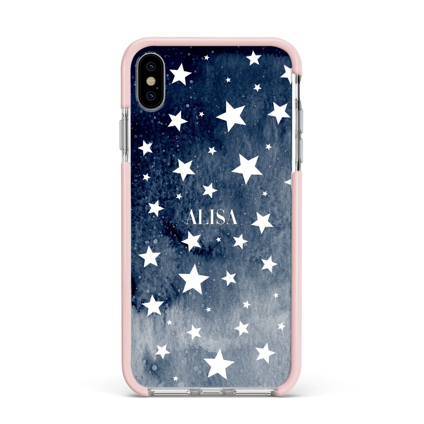 Personalised Star Print Apple iPhone Xs Max Impact Case Pink Edge on Silver Phone