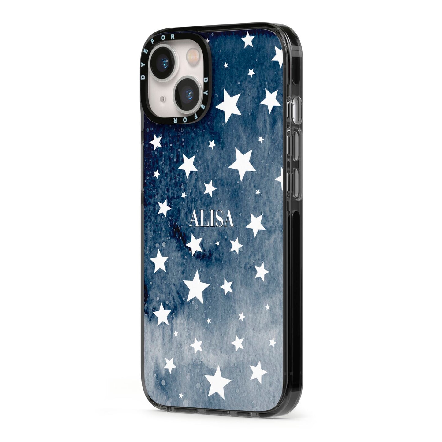 Personalised Star Print iPhone 13 Black Impact Case Side Angle on Silver phone