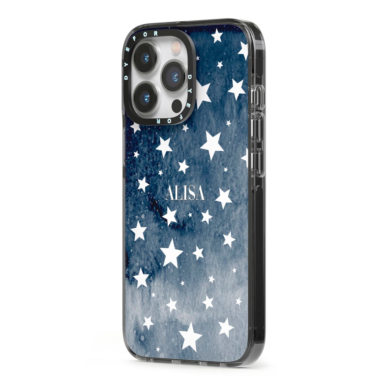 Personalised Star Print iPhone 13 Pro Black Impact Case Side Angle on Silver phone