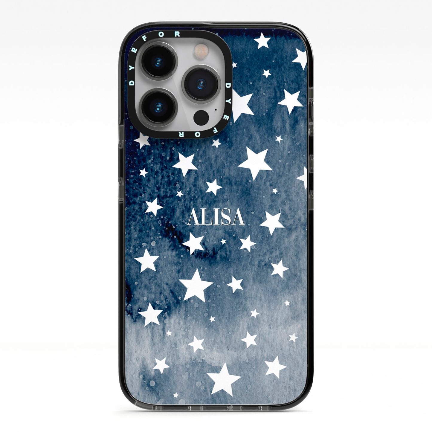 Personalised Star Print iPhone 13 Pro Black Impact Case on Silver phone