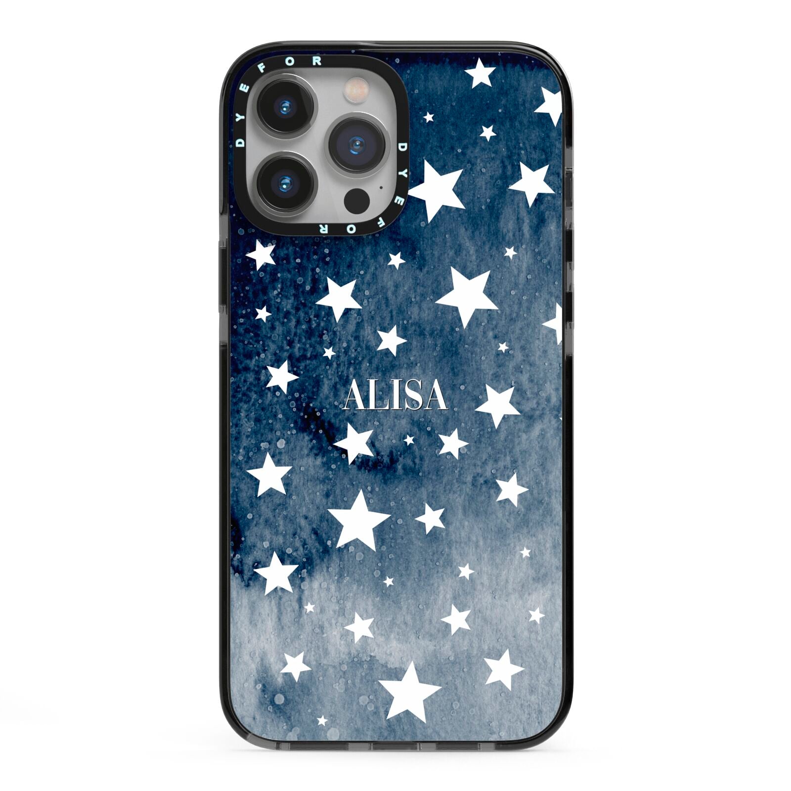 Personalised Star Print iPhone 13 Pro Max Black Impact Case on Silver phone
