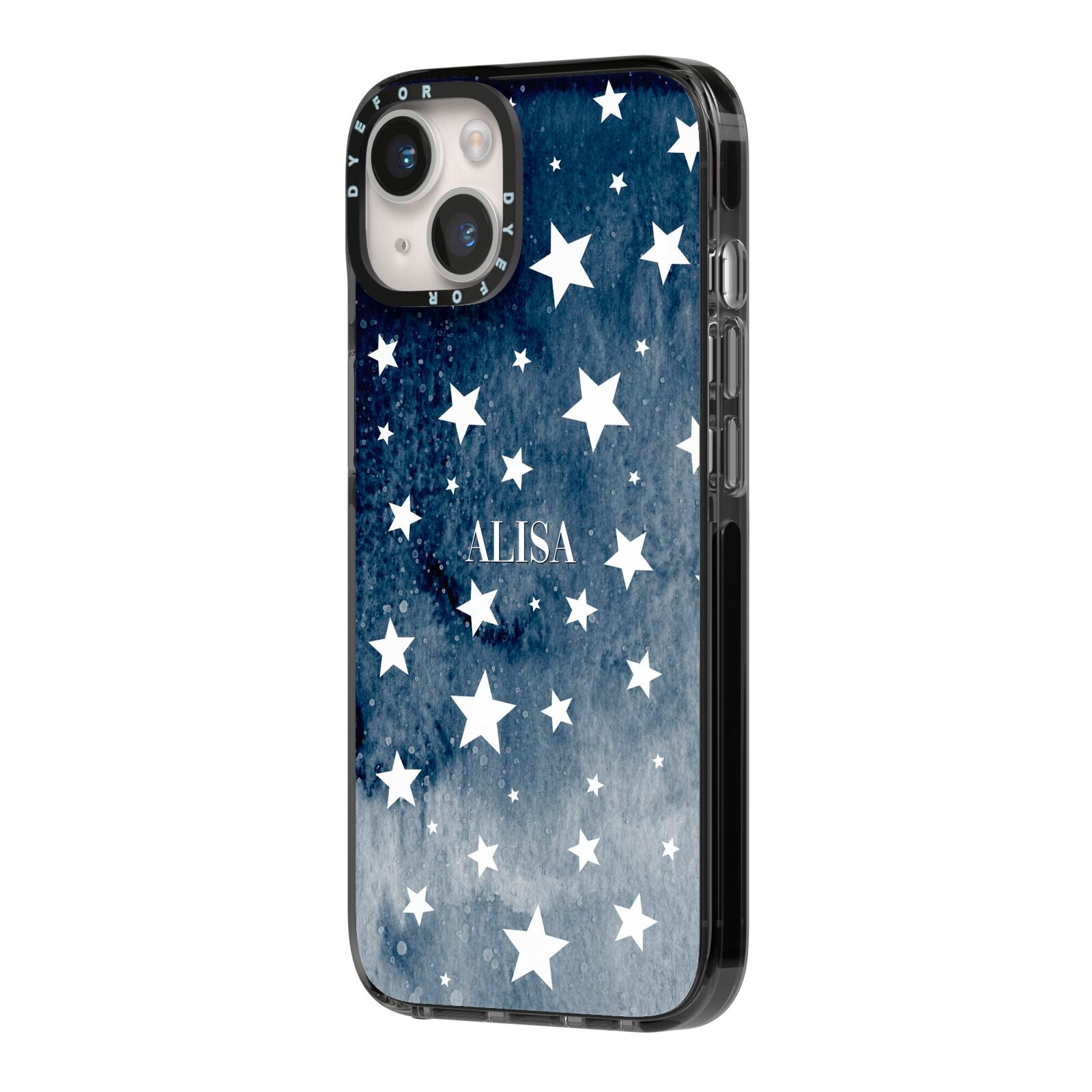 Personalised Star Print iPhone 14 Black Impact Case Side Angle on Silver phone