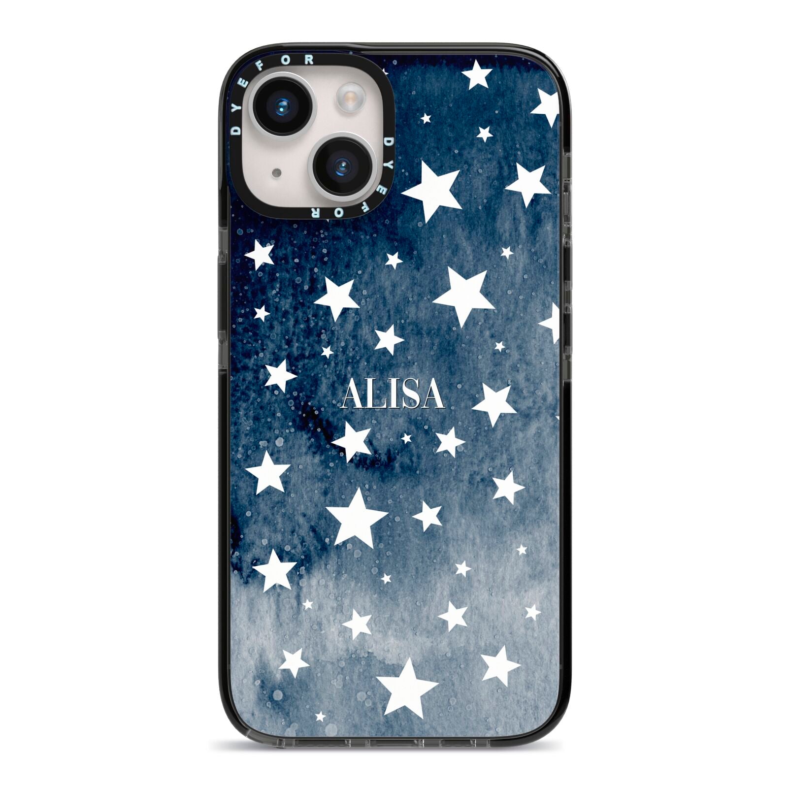 Personalised Star Print iPhone 14 Black Impact Case on Silver phone