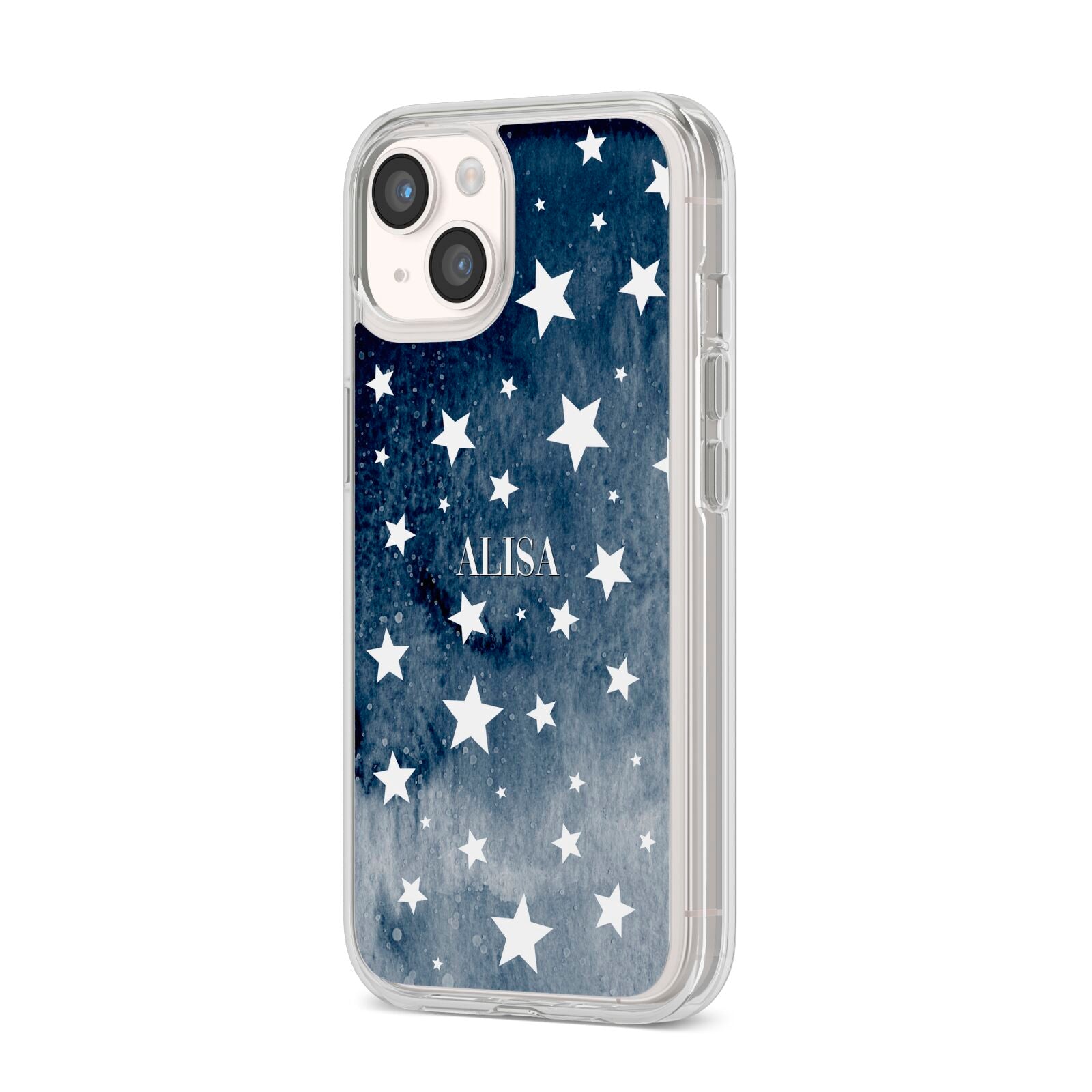 Personalised Star Print iPhone 14 Clear Tough Case Starlight Angled Image