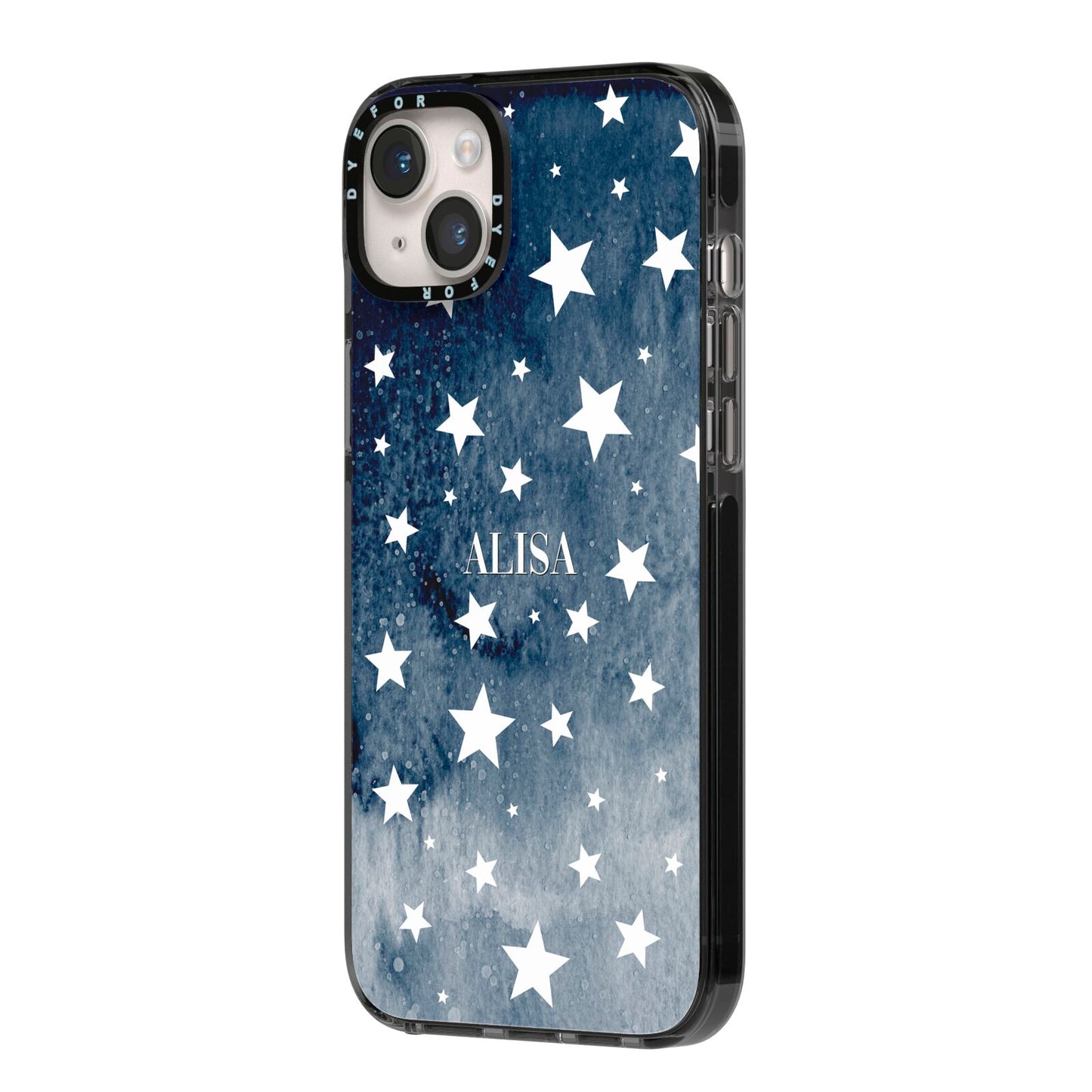 Personalised Star Print iPhone 14 Plus Black Impact Case Side Angle on Silver phone