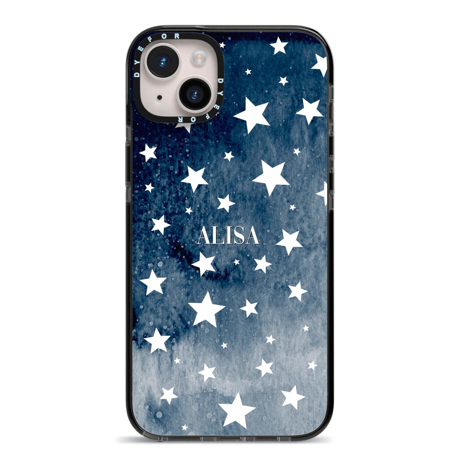 Personalised Star Print iPhone 14 Plus Black Impact Case on Silver phone