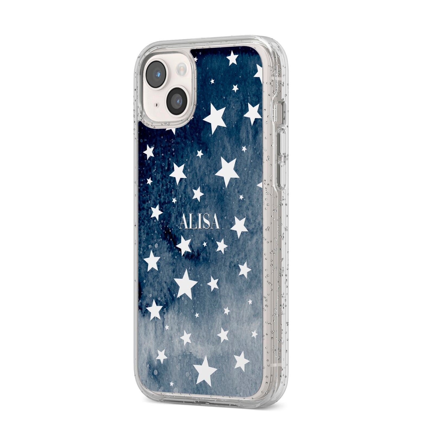 Personalised Star Print iPhone 14 Plus Glitter Tough Case Starlight Angled Image