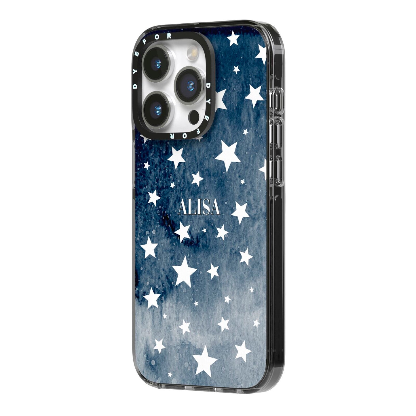 Personalised Star Print iPhone 14 Pro Black Impact Case Side Angle on Silver phone