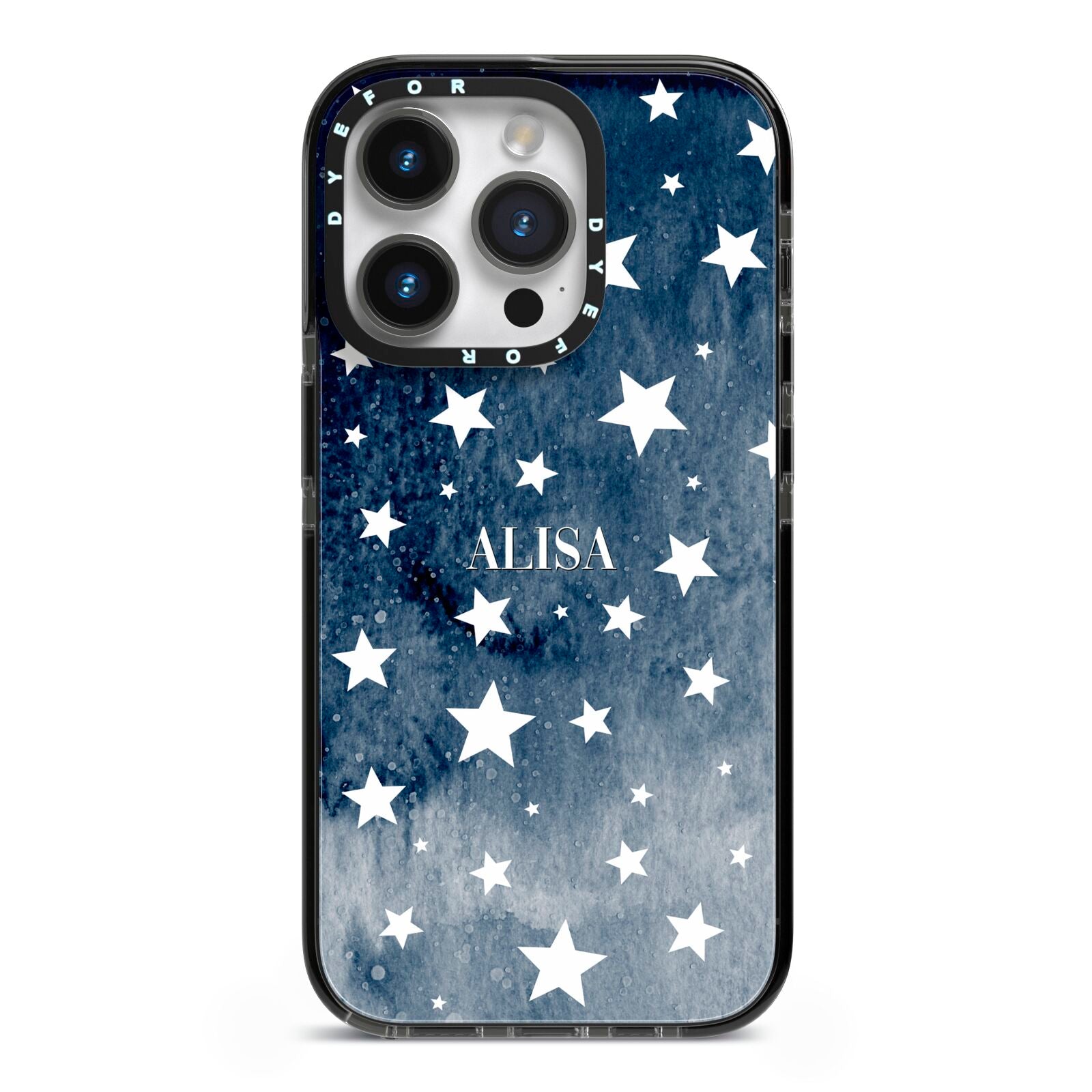 Personalised Star Print iPhone 14 Pro Black Impact Case on Silver phone