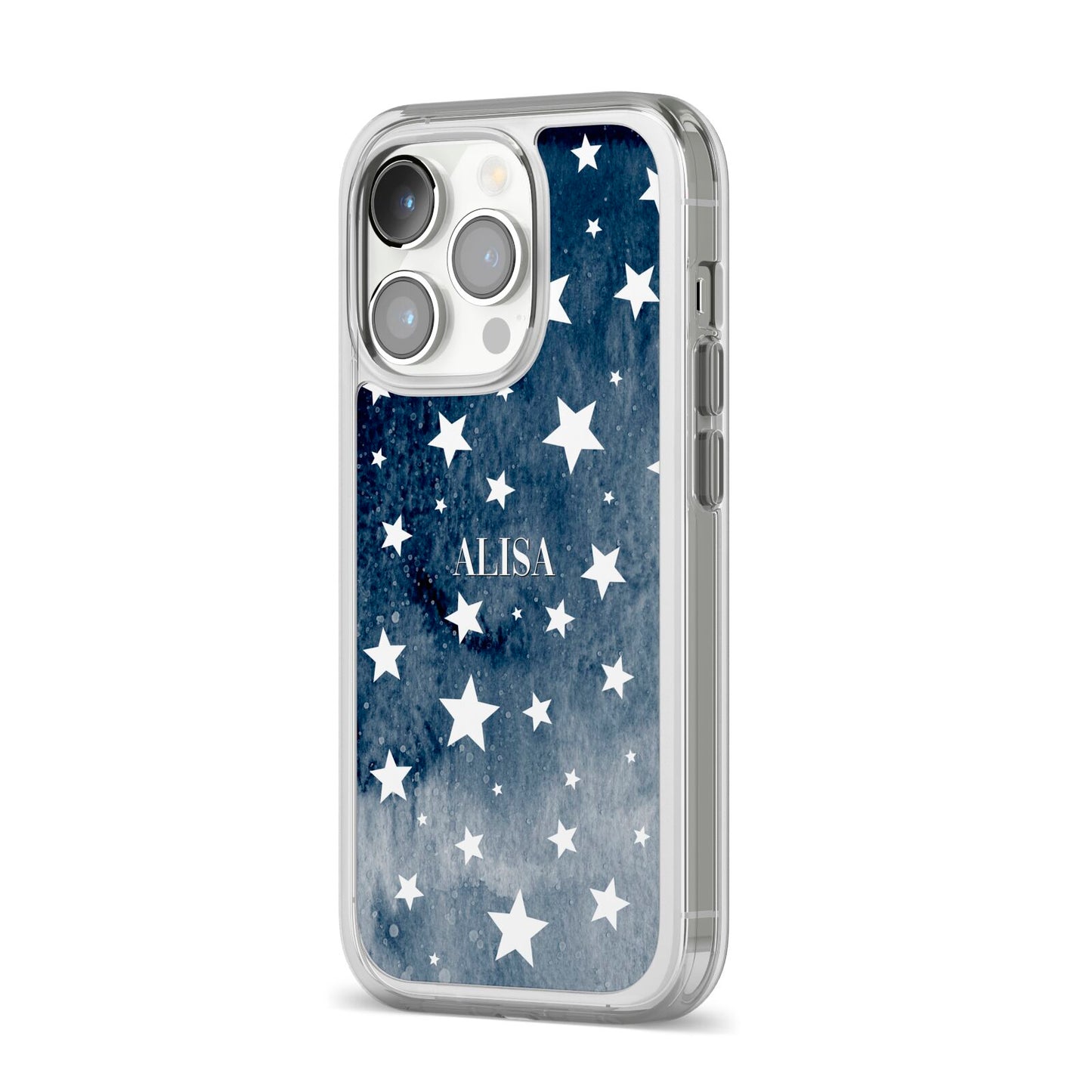 Personalised Star Print iPhone 14 Pro Clear Tough Case Silver Angled Image