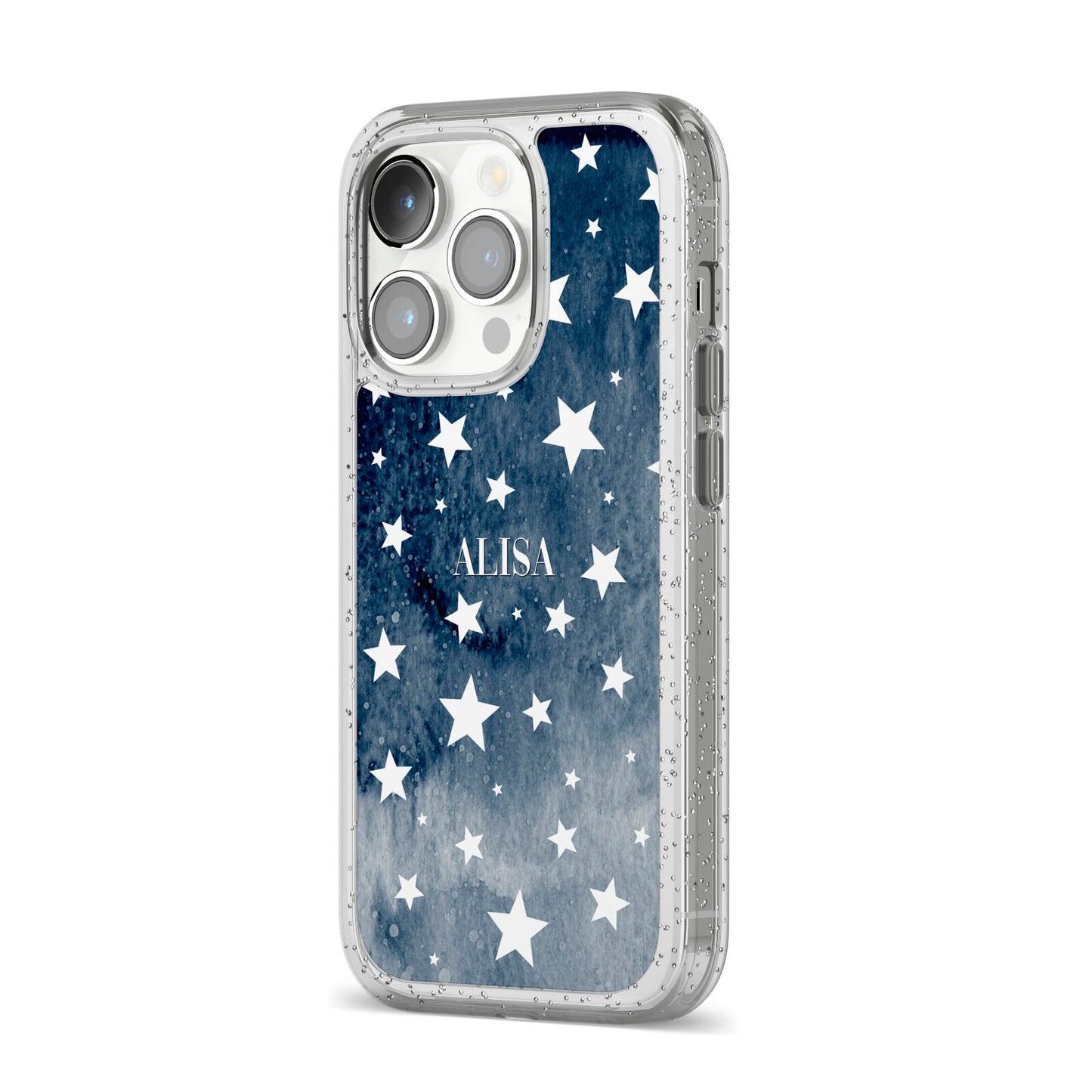 Personalised Star Print iPhone 14 Pro Glitter Tough Case Silver Angled Image