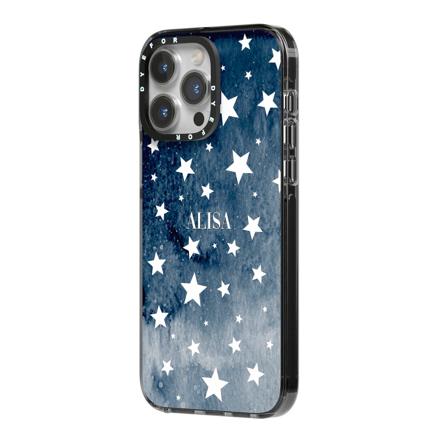 Personalised Star Print iPhone 14 Pro Max Black Impact Case Side Angle on Silver phone
