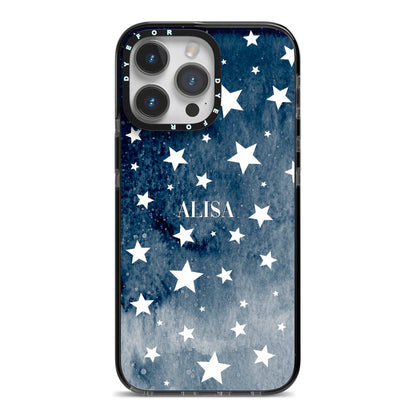 Personalised Star Print iPhone 14 Pro Max Black Impact Case on Silver phone