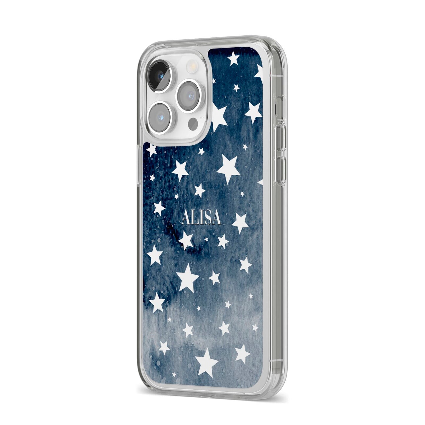 Personalised Star Print iPhone 14 Pro Max Clear Tough Case Silver Angled Image