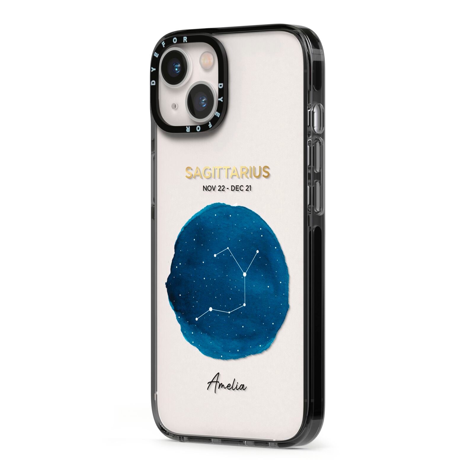 Personalised Star Sign iPhone 13 Black Impact Case Side Angle on Silver phone