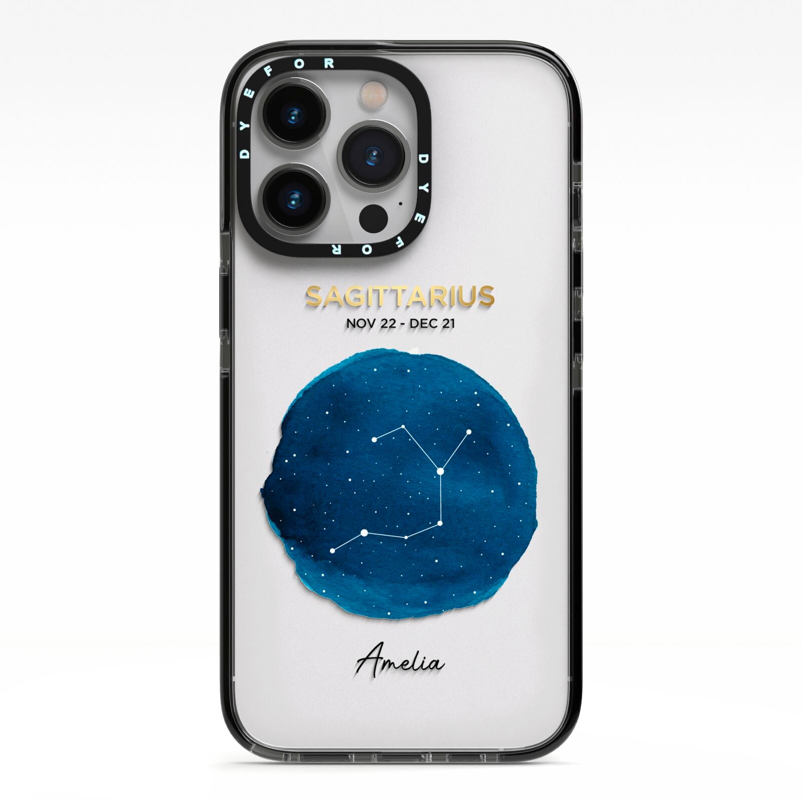 Personalised Star Sign iPhone 13 Pro Black Impact Case on Silver phone