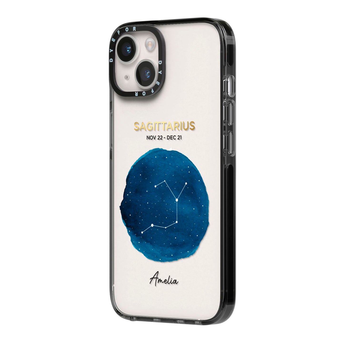 Personalised Star Sign iPhone 14 Black Impact Case Side Angle on Silver phone