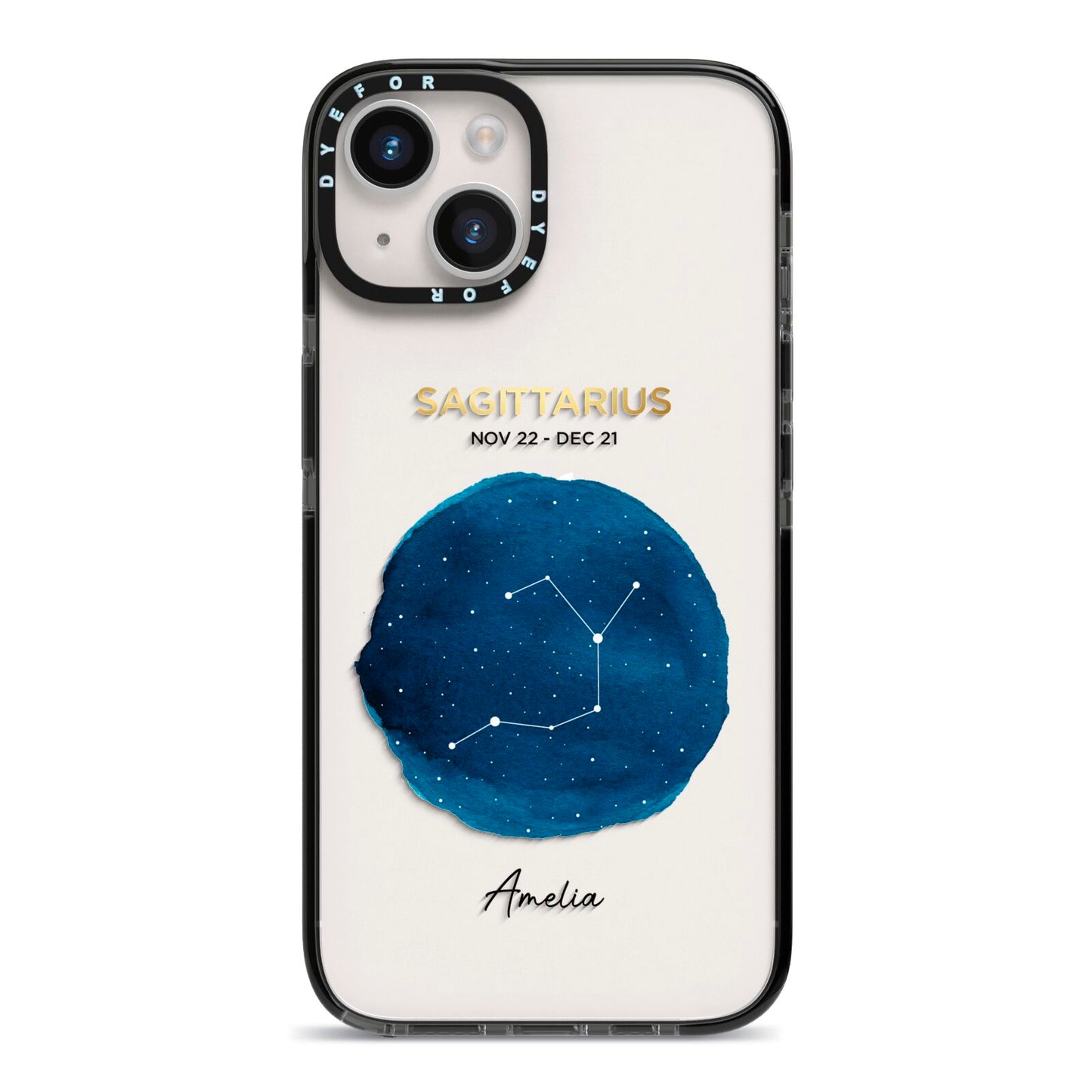 Personalised Star Sign iPhone 14 Black Impact Case on Silver phone