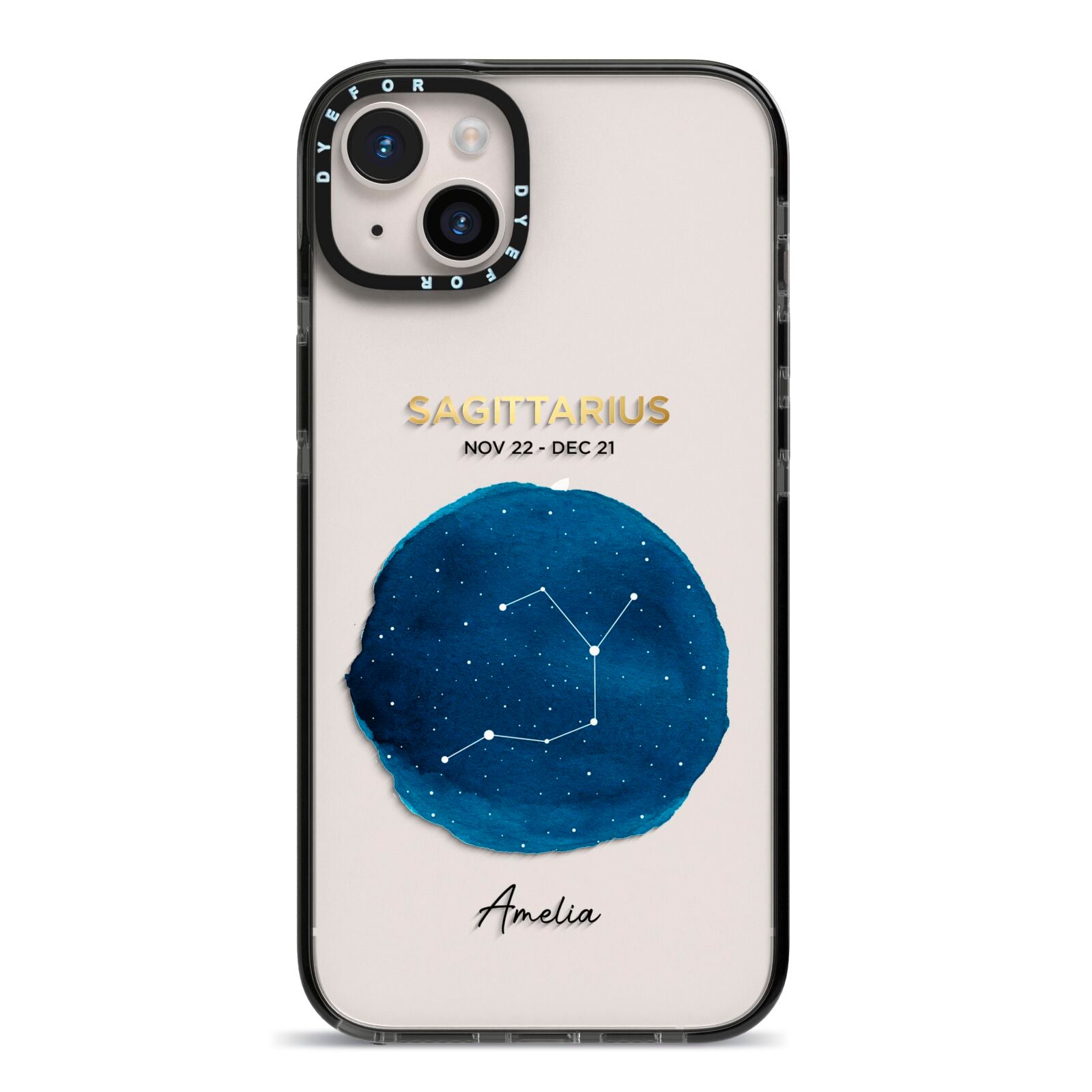 Personalised Star Sign iPhone 14 Plus Black Impact Case on Silver phone