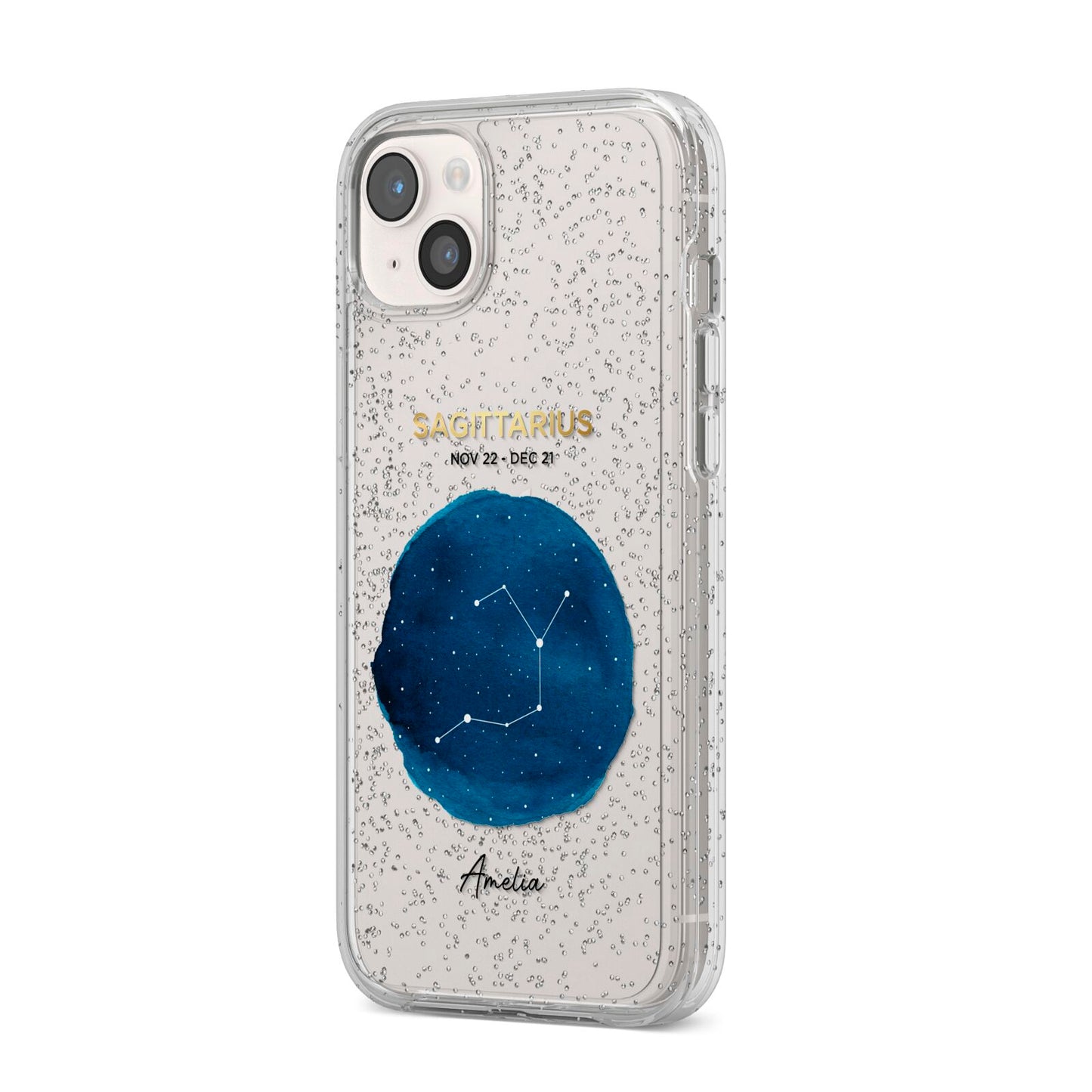 Personalised Star Sign iPhone 14 Plus Glitter Tough Case Starlight Angled Image