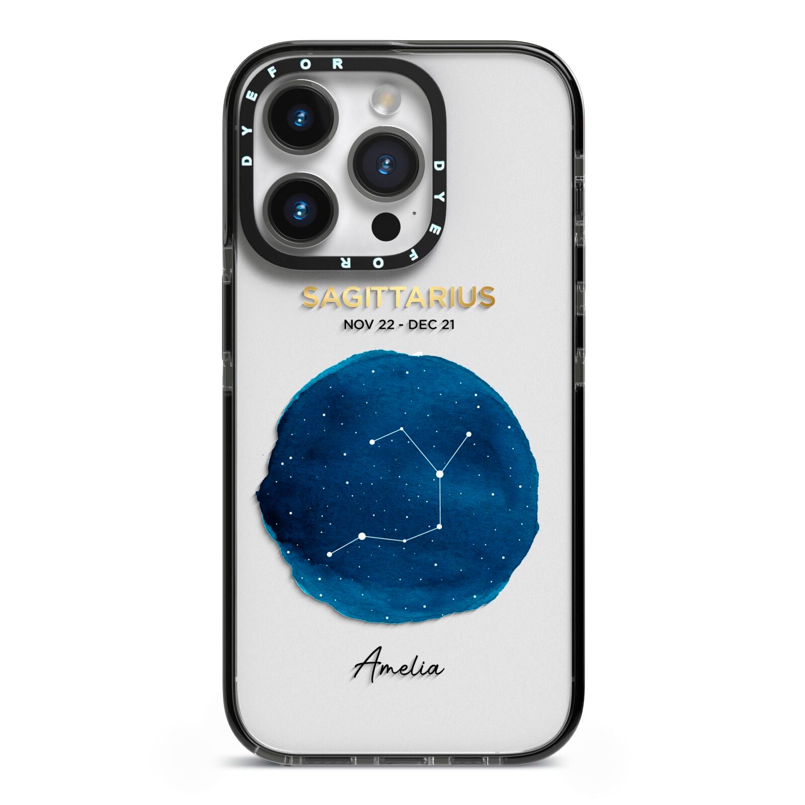 Personalised Star Sign iPhone 14 Pro Black Impact Case on Silver phone