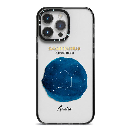 Personalised Star Sign iPhone 14 Pro Max Black Impact Case on Silver phone