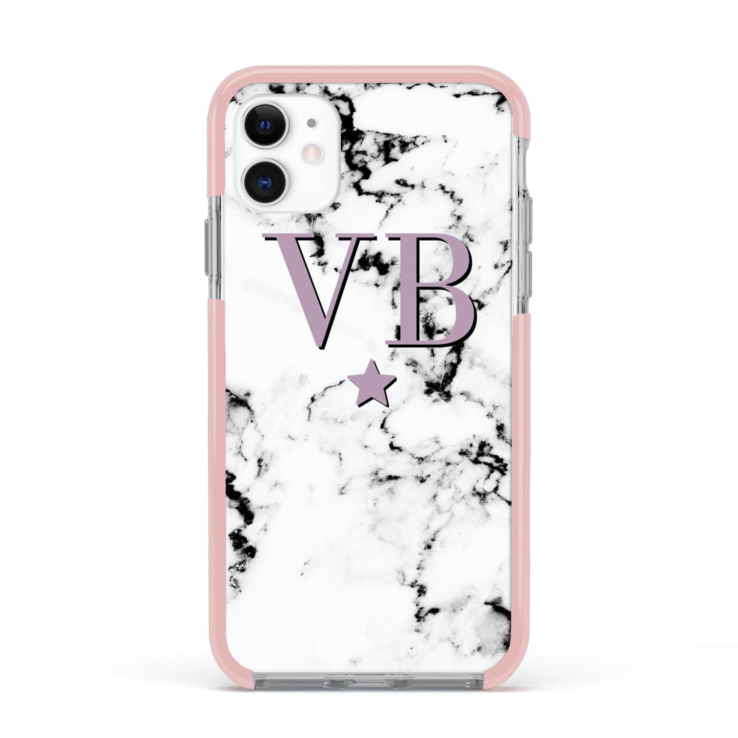Personalised Star With Monogram Marble Apple iPhone 11 in White with Pink Impact Case