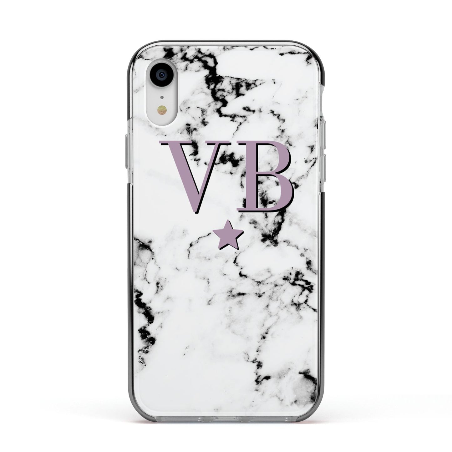 Personalised Star With Monogram Marble Apple iPhone XR Impact Case Black Edge on Silver Phone