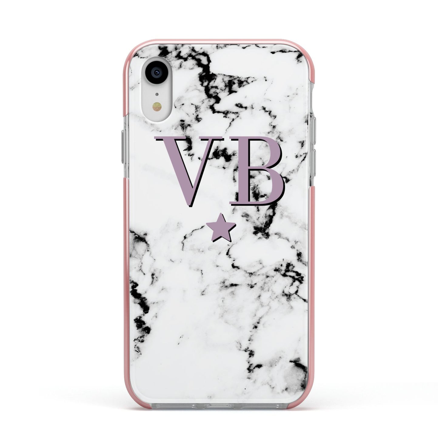 Personalised Star With Monogram Marble Apple iPhone XR Impact Case Pink Edge on Silver Phone