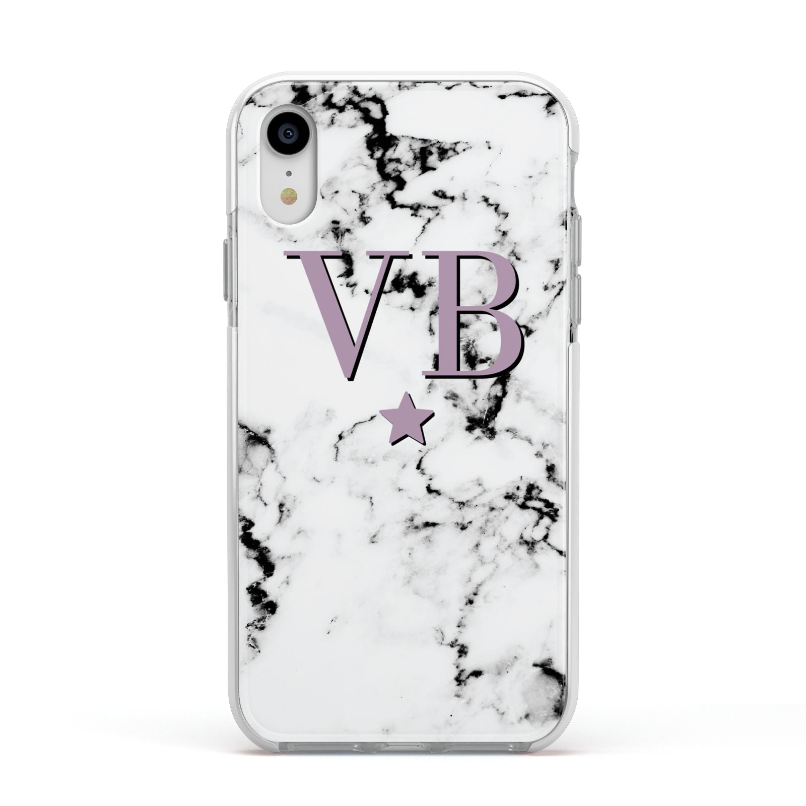 Personalised Star With Monogram Marble Apple iPhone XR Impact Case White Edge on Silver Phone