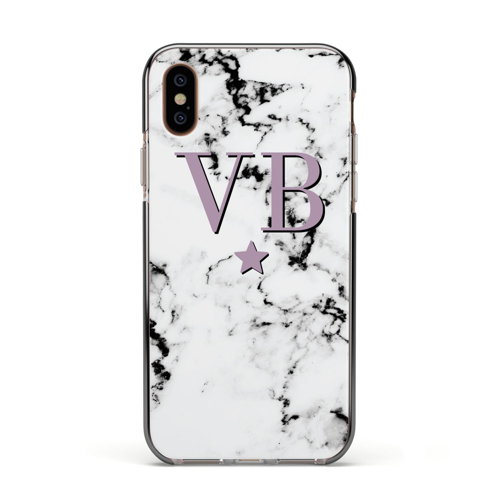 Personalised Star With Monogram Marble Apple iPhone Xs Impact Case Black Edge on Gold Phone