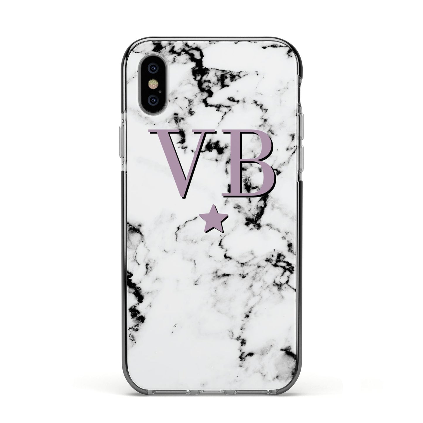 Personalised Star With Monogram Marble Apple iPhone Xs Impact Case Black Edge on Silver Phone