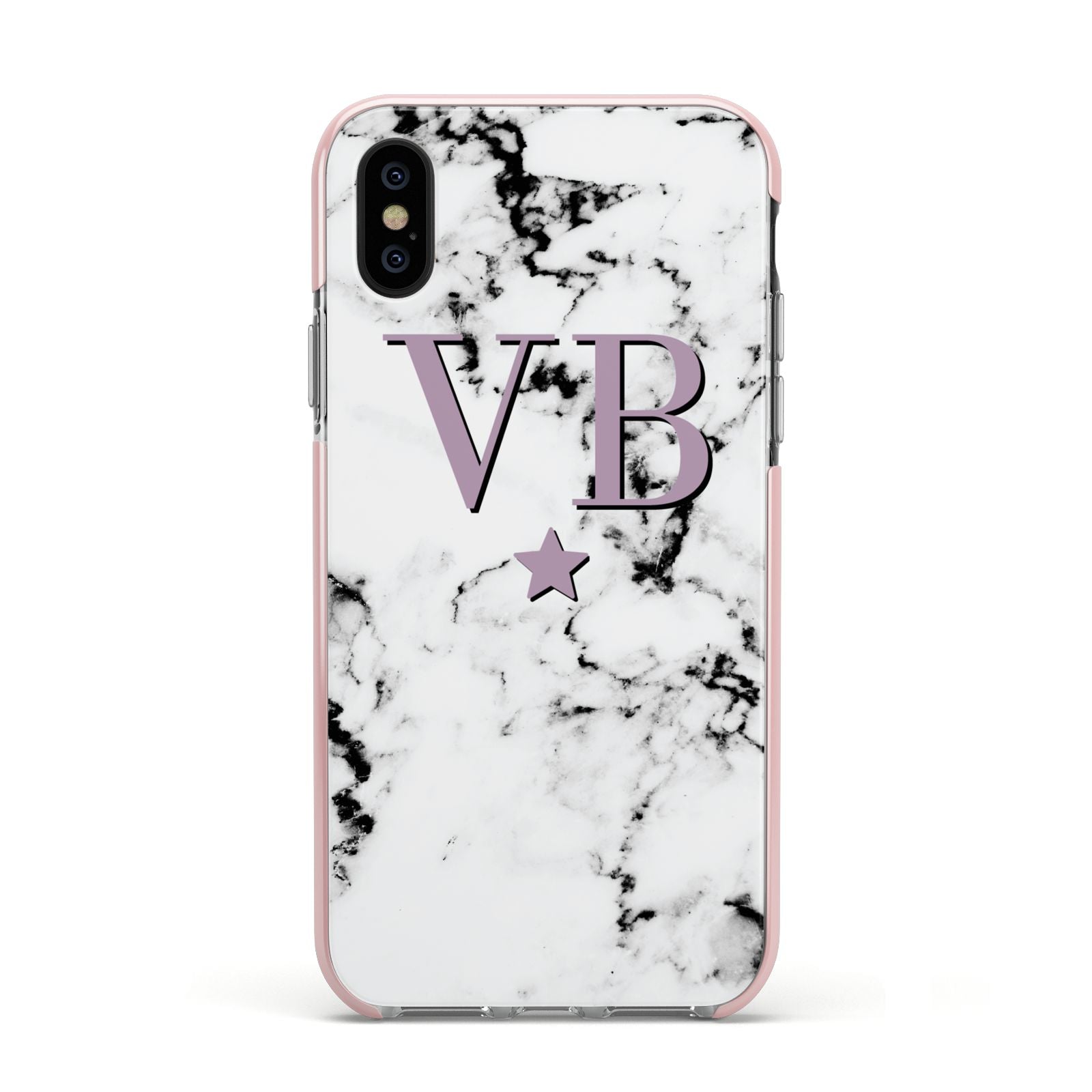 Personalised Star With Monogram Marble Apple iPhone Xs Impact Case Pink Edge on Black Phone