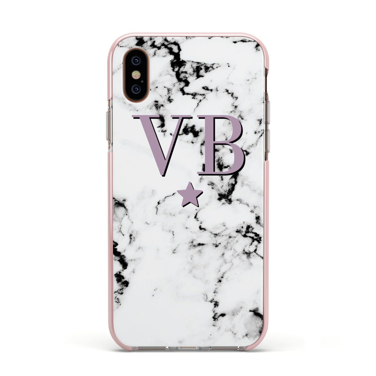 Personalised Star With Monogram Marble Apple iPhone Xs Impact Case Pink Edge on Gold Phone