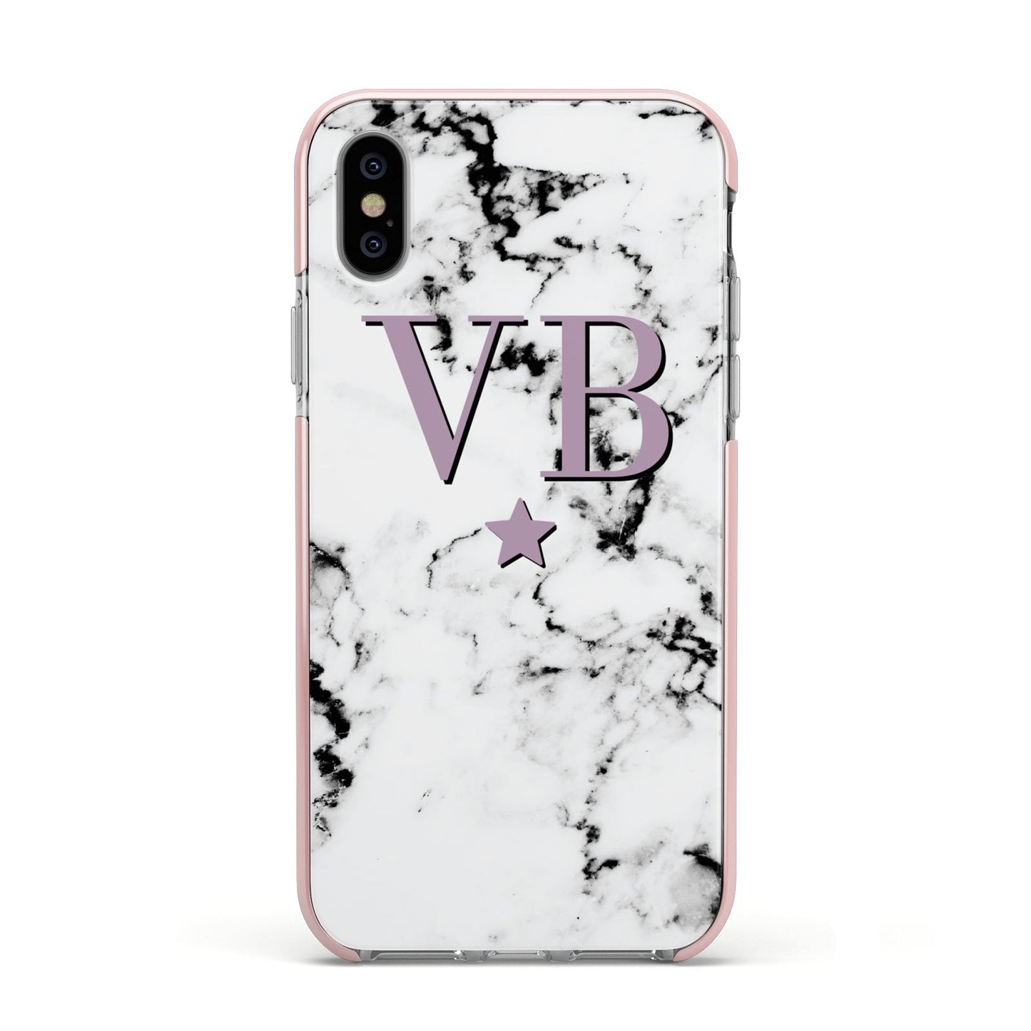 Personalised Star With Monogram Marble Apple iPhone Xs Impact Case Pink Edge on Silver Phone