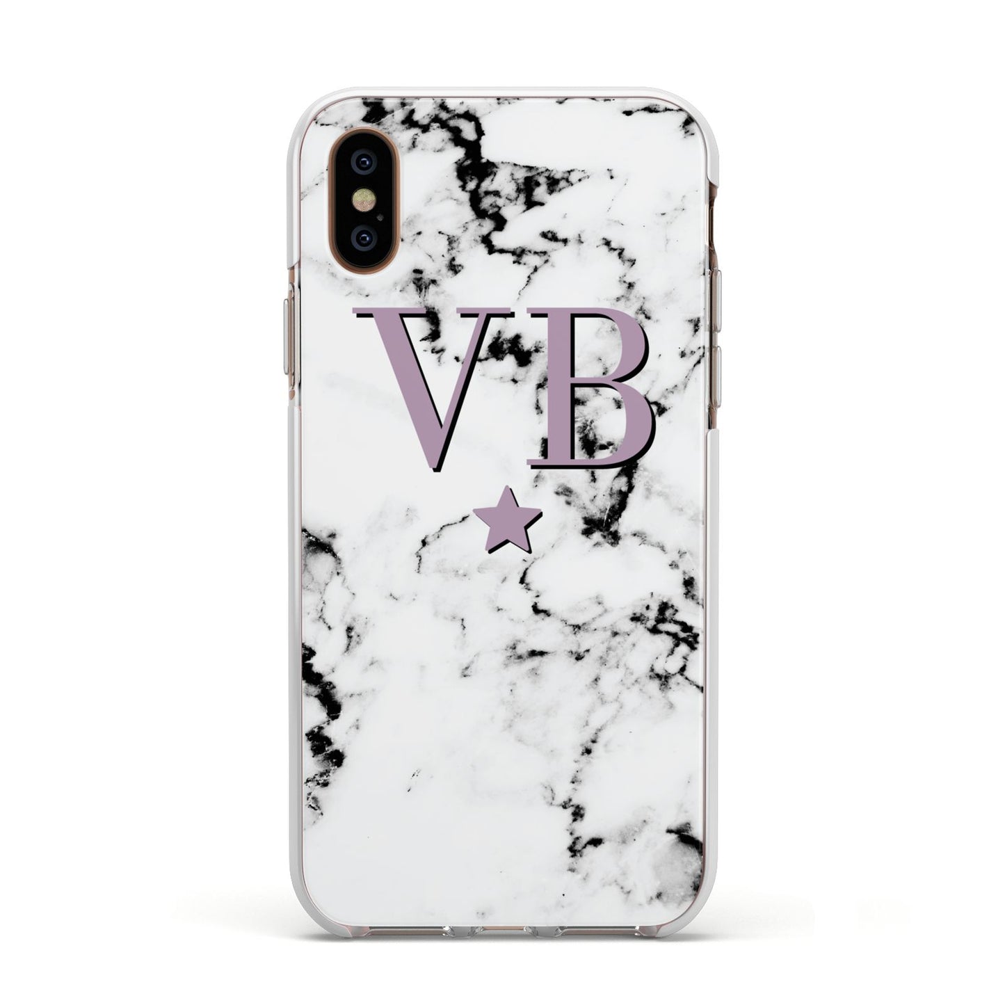 Personalised Star With Monogram Marble Apple iPhone Xs Impact Case White Edge on Gold Phone