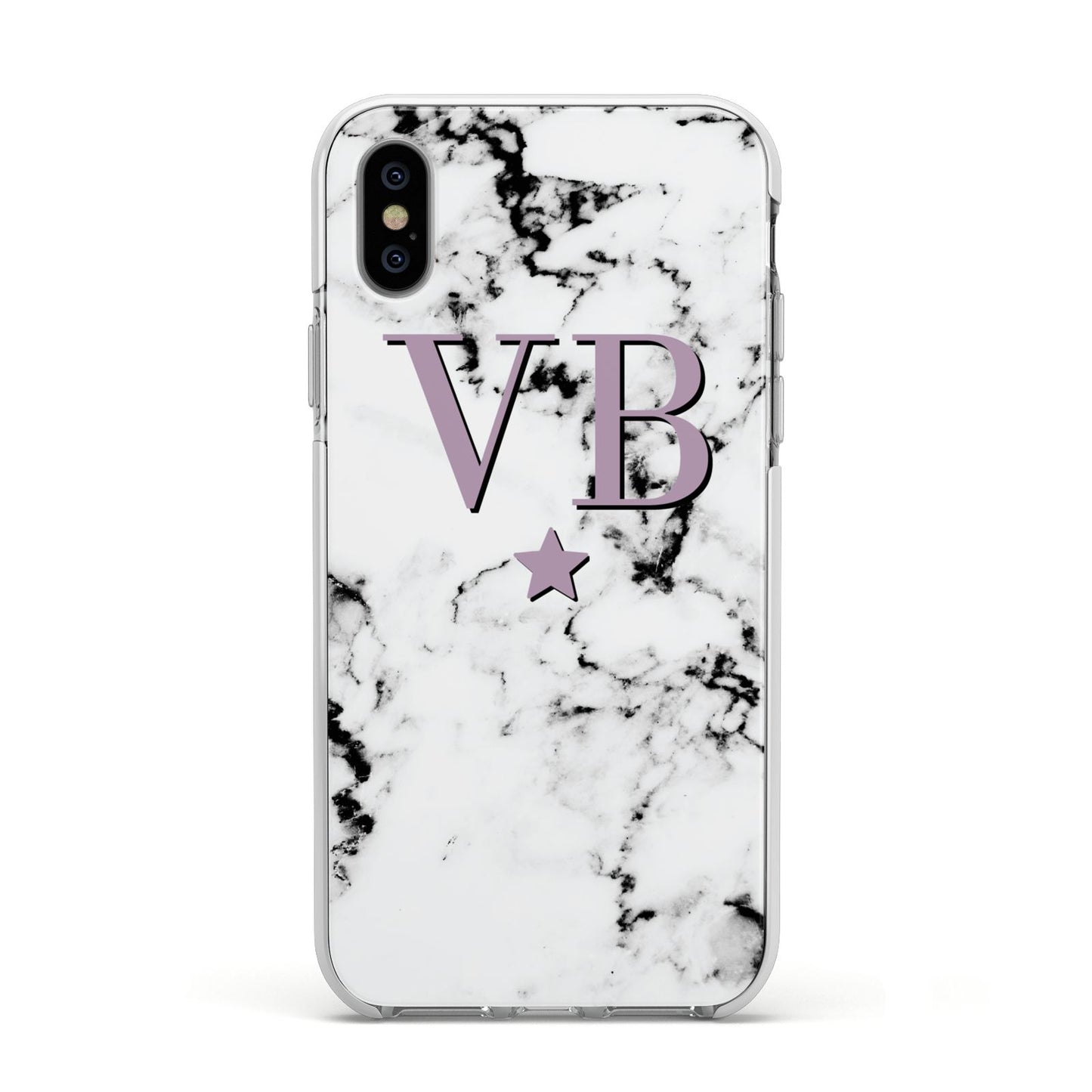 Personalised Star With Monogram Marble Apple iPhone Xs Impact Case White Edge on Silver Phone